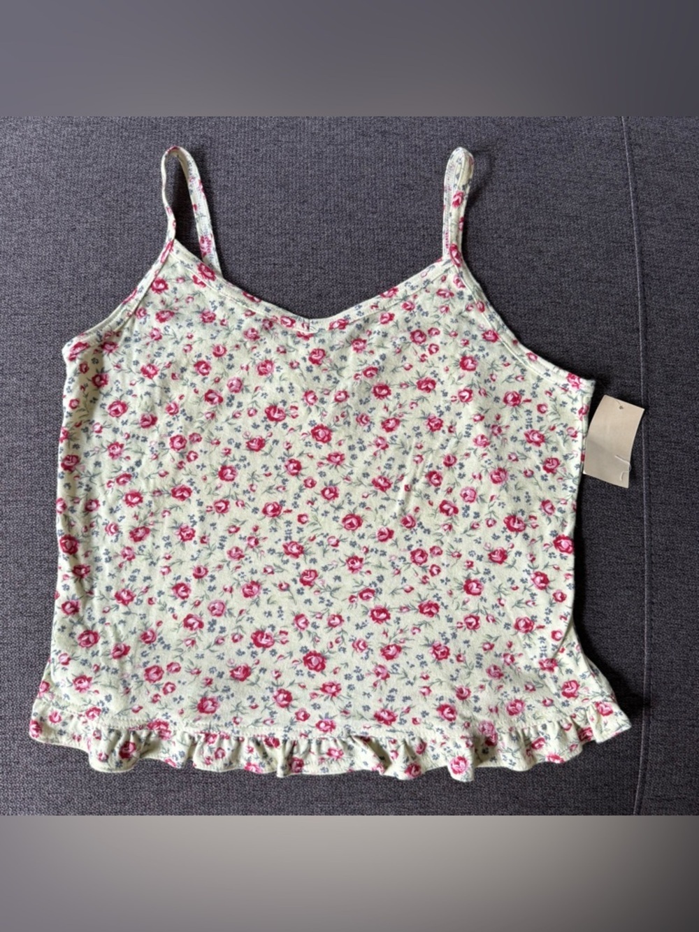 VTG Y2K Floral Ruffle Hem Spaghetti Strap Tank Top Roses Pink Green Coquette L